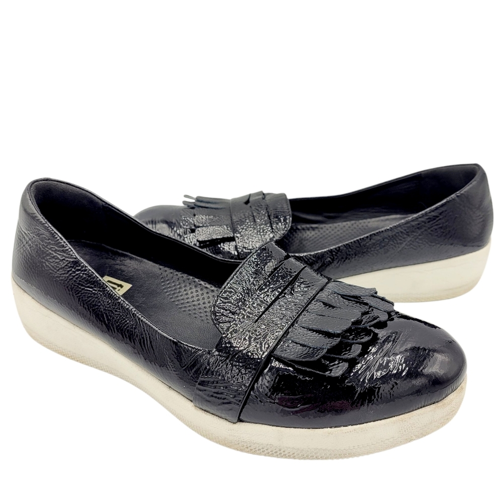 FitFlop Sneakerloafer Fringey Patent Leather Shoes Flats Black White Women's 8.5